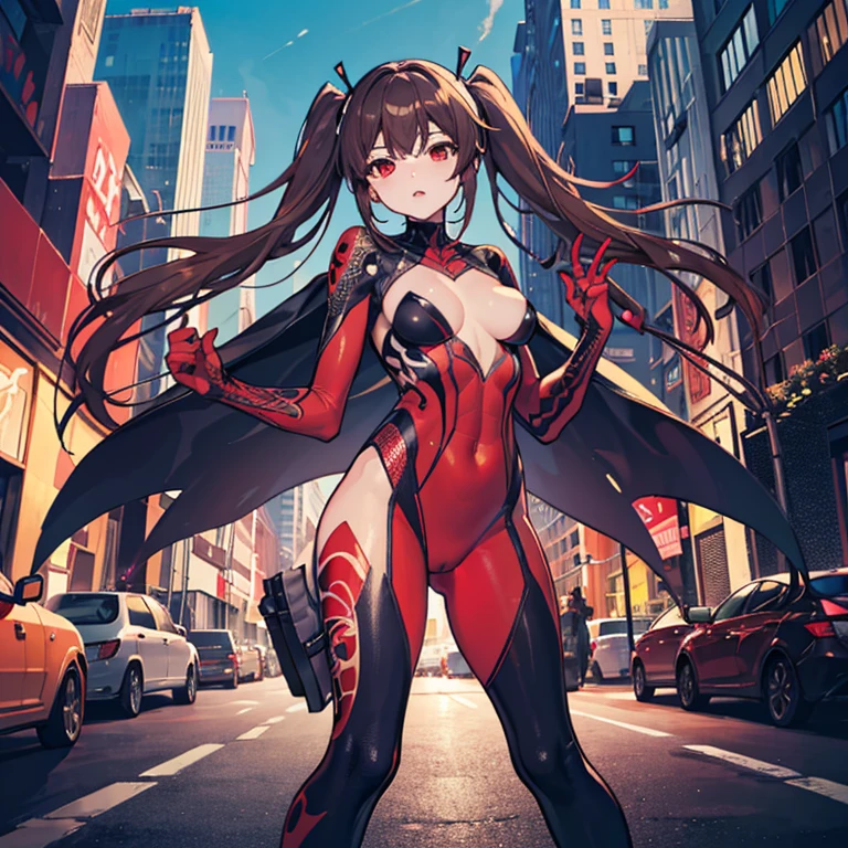 (masterpiece, Highest quality), Intricate details, 8K, Art Station, wallpaper, Official Art, Splash Art, Sharp focus,, One girl, Long Hair, Twin tails, Red eyes, Brown Hair, ,  Spider Suit, spiderweb printing, spiderweb,  , skyscraper, city, building, car, street,