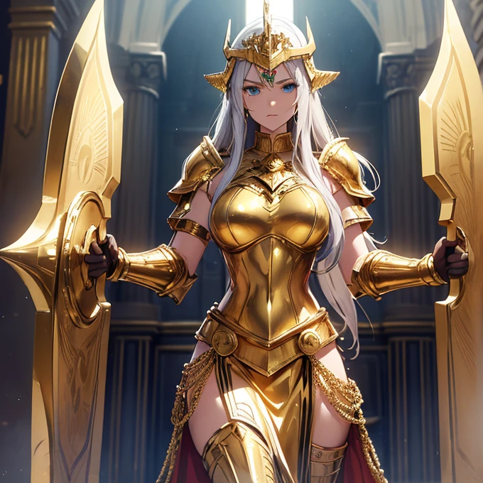 athena, saint seiya, huge boobs, gold armor, armure jambes, armure bras, armure poitrine, sceptre d'athena, cheveux mauve