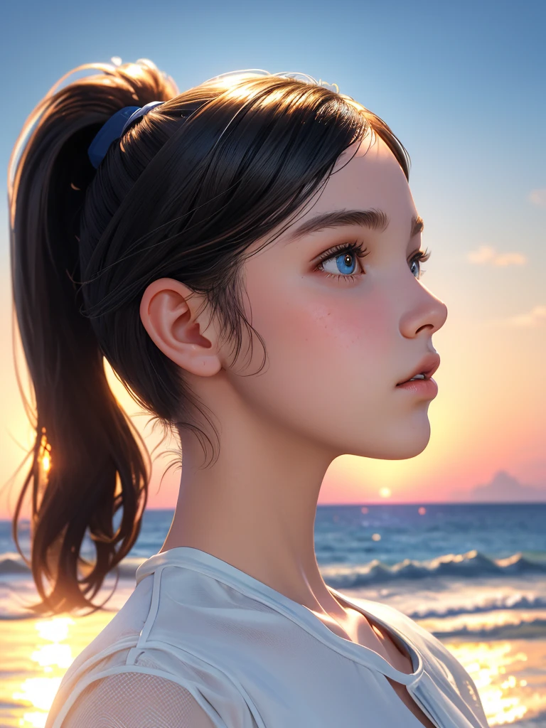 One Girl,(1人のとてもcute女の子:1.3),masterpiece,Highest quality,High resolution,From below,Low - Angle,Photorealistic,RAW Photos,Ray Tracing,beautiful girl,(:1.3),cute,Big eyes,(detailed pupils:1.2),(Face turned to the side:1.3),Body facing forward,Beautiful nose,High nose,Upturned nose,Fuller lips,Short black hair,ponytail,short hair,Detailed eyelashes,Thin eyebrows,Very fine grain definition,(profile:1.3),(Face close-up,Face Focus:1.0),Small breasts,Short neck,White swimsuit,White Bikini,The background is the sea,Southern Island,sunset,Sunset,Portrait,Look to the side,Upper Body,Cinema Lighting,High resolution,Very detailed
