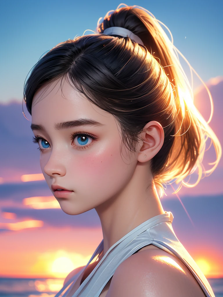 One Girl,(1人のとてもcute女の子:1.3),masterpiece,Highest quality,High resolution,From below,Low - Angle,Photorealistic,RAW Photos,Ray Tracing,beautiful girl,(:1.3),cute,Big eyes,(detailed pupils:1.2),(Face turned to the side:1.3),Body facing forward,Beautiful nose,High nose,Upturned nose,Fuller lips,Short black hair,ponytail,short hair,Detailed eyelashes,Thin eyebrows,Very fine grain definition,(profile:1.3),(Face close-up,Face Focus:1.0),Small breasts,Short neck,White swimsuit,White Bikini,The background is the sea,Southern Island,sunset,Sunset,Portrait,Look to the side,Upper Body,Cinema Lighting,High resolution,Very detailed