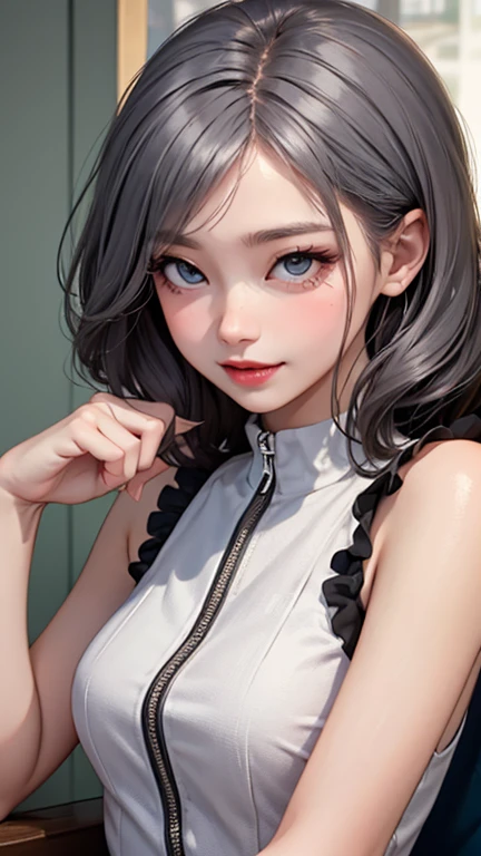 blush a little and smile, (Top quality masterpiece:1.2) Delicate illustrations, Very detailed, /Beautiful Japanese Women、1 person,Very cute and slim、Great style 、((8K images、super high quality))、Very delicate face, Skin and Hair、beautifule forehead、Red lipstick、(((((Mid-length hair、Silver Hair、lure))))),Very cute Japanese cut face、Eyes and nose are clearly visible、Kind eyes,((((Sleeveless fashion))))