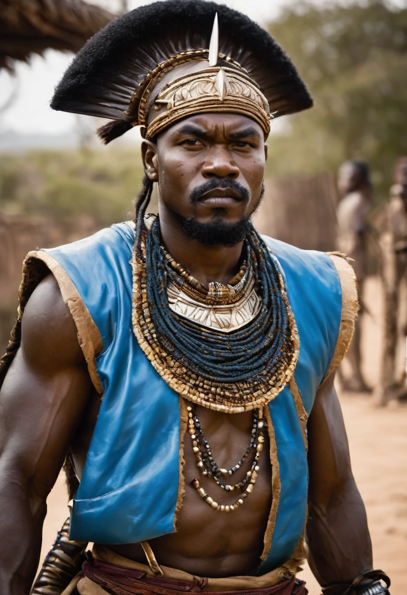 African warrior man, dressed like a warrior, your clothes are blue, he puts up a sword and is very serious