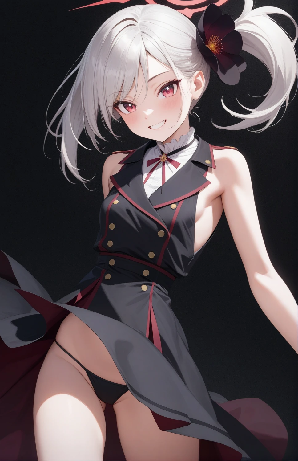 best quality, amazing quality, very aesthetic, absurdres, (1girl, mutsuki, blue archive, solo, red eyes, white hair, side ponytail), (artist official art), (realistic face), (grin, lowleg bikini, ), (cowboy shot), , (half closed eyes:0.7), (thigh), expressive eyes, perfect face, 4k, extremely detailed anime illustration, extremely detailed eyes, enhanced details, perfect anatomy, light rays, photo background, extremely delicate body, smooth skin, feminine expression, (black background:1.5), cristal clear eyes, beautiful face, small breasts