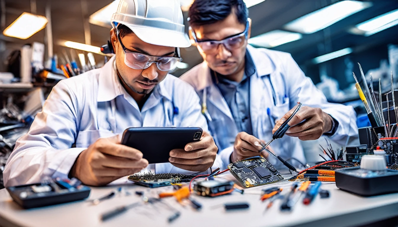The image must show a qualified engineer or technician working with care and precision on a cell phone repair. The scene must convey professionalism, experience and dedication of the engineer to his work,A technological background that shows the tools on the surface, soft lighting, soft details, futuristic air..