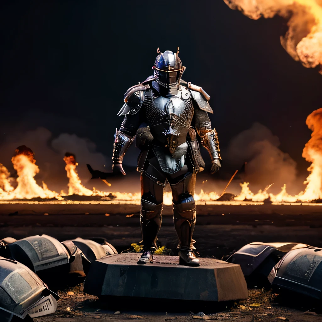 A man in full metal armour standing on top of dead bodies of evil mens in flames