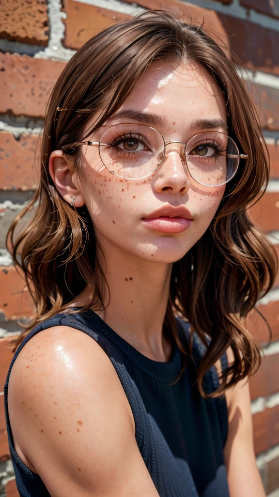 dynamic close-up of the upper part of 1 French woman, black, extremely thin and beautiful, perfect body, (well-shaped and delicate face with (freckles)), skin with highly detailed depth, she is leaning against a brick wall, (Long hair , slightly messy and shiny wavy brown hair, hair over the eyes), (detailed, large, bright eyes, light brown eyes, curled eyelashes, large glasses), (sensual pouting mouth), wearing a short sweater showing off the shoulders , (she is sweaty (shining with sweat)), ultra realistic image, Perfect symmetry, vibrant and sharp, dynamic vision, high quality, hyper-realistic and cinematic 32k.