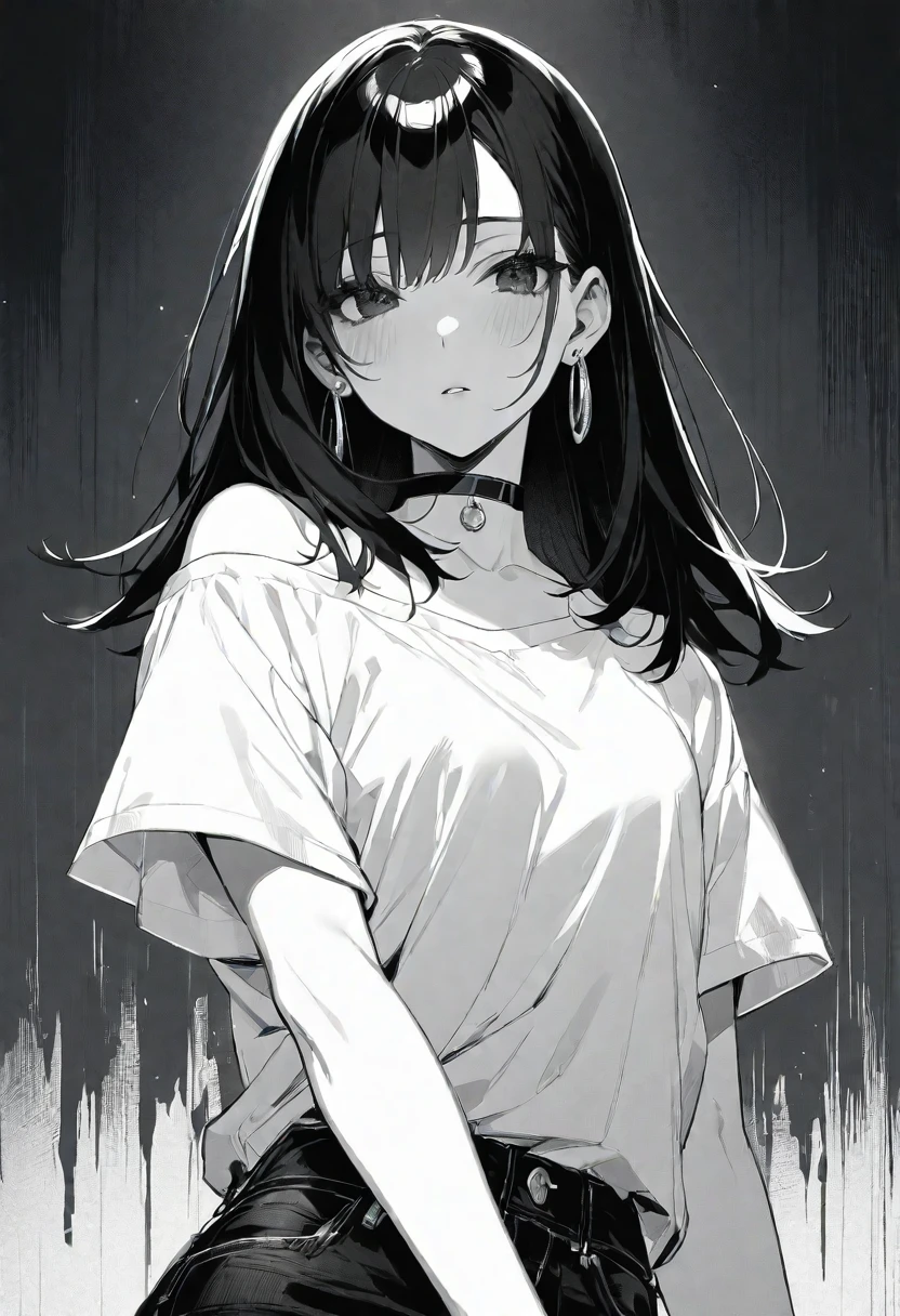 solo, handsome, monochrome,
1. Female,
Hime cut,Straight Hair,Bob Hair,
BLACKhair,
Nakano Yotsuba,
BLACK Eyes,Soft look,beautiful,beautiful,Sexy,Darkness,Lots of silver earrings,choker,
White Off Shoulder, White shirt, Short sleeve ,Distressed jeans,
skin,
BLACK background,