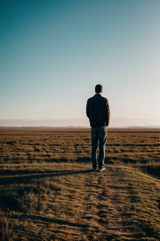 a standing person, backwards, looking towards a horizon or an open landscape.