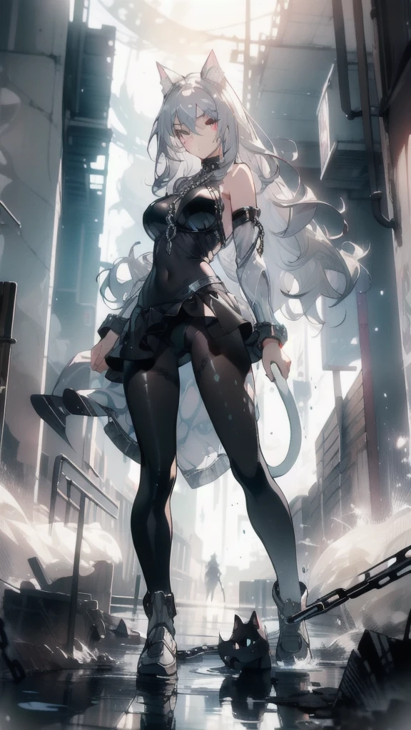 ((masterpiece, best quality)), Epic battlefield atmosphere，Delicate face，Cat girl，whole body，Standing picture，glowing silver eyes，Large Breasts，Gradient white long wavy hair，Perfect body proportions，Pure white background，Water Ripples，Lace，Sex bikini，Pantyhose，whip，chain