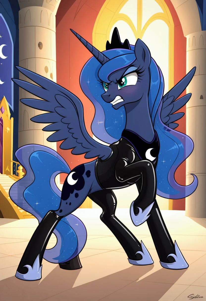 Pony . Black LaTeX costiumme Prince Luna angry in the castle fight Womans pony