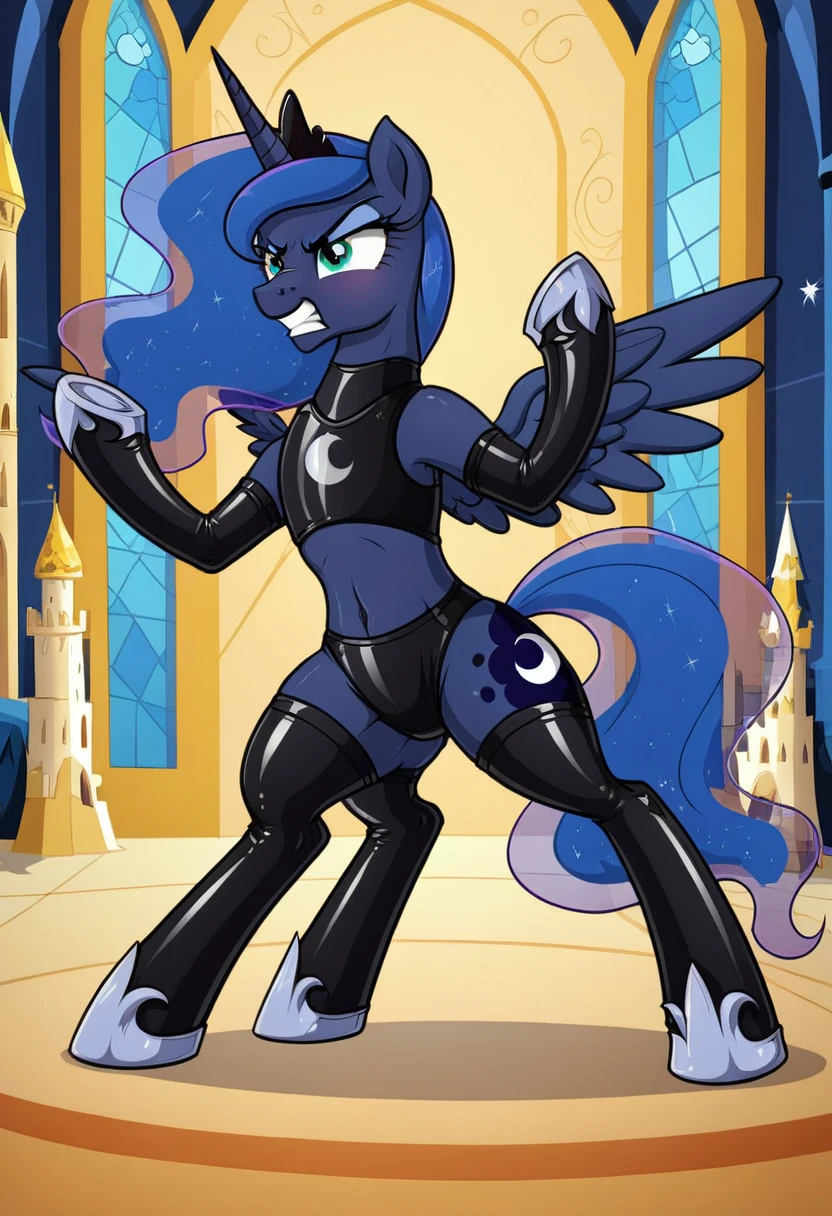 Pony . Black LaTeX costiumme Prince Luna angry in the castle fight Womans pony