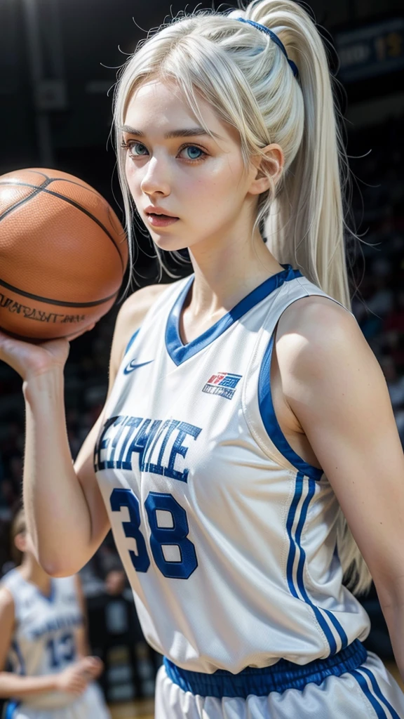 Basketball player, girl with white hair, white skin and blue eyes, with a sad face