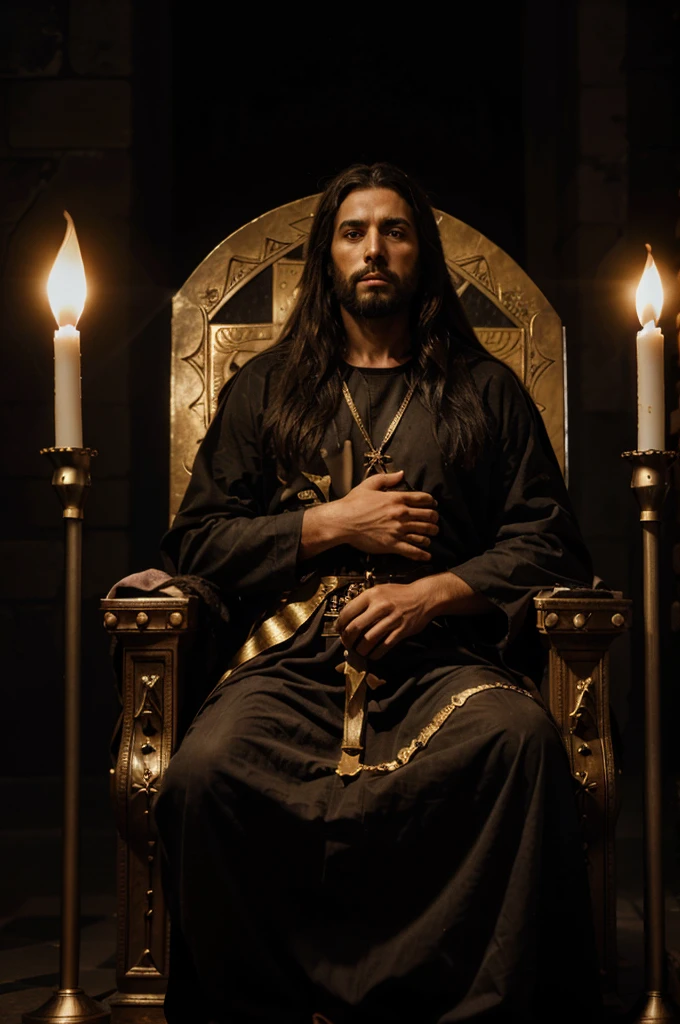 Creates Jesus of Nazareth sitting on a throne with dark background illuminated by torches, theme of king making the silence gesture of King Baldwin IV 
