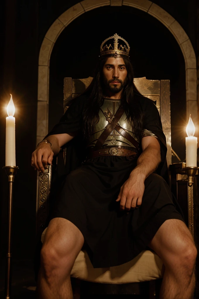 Creates Jesus of Nazareth sitting on a throne with dark background illuminated by torches, theme of king making the silence gesture of King Baldwin IV