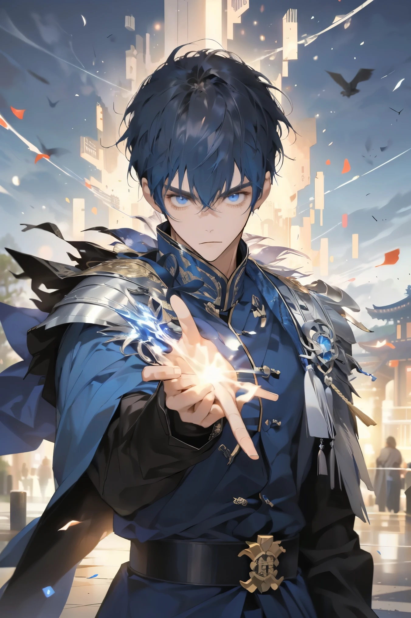 (fantasy:1.4), (Japanese cartoons), ((极其详细of 8k 插画)), high resolution, (极其详细和美丽of背景), Super Fine, Professional Illustration, Ultra-precise depiction, Super Fine描绘, (beautiful and aesthetic:1.2), Human Development Report, Depth of Field, (girl), noble, (非常细致美丽of脸庞和眼睛), Pale skin, Perfect body, Ahog, 白色of头发, (长得离谱of头发:1.2), blue eyes, , flat chest, 毫无表情of眼睛, dark castle, dark clouds, blue和紫色of天空, Futuristic, Armor, 黑色和blue紧身衣, glow, blue光环, 冷淡of态度, 半闭of眼睛, Broken cloak, Exoskeleton, blue, glowing eyes, 独自of, of, douchebag, blue能量, electricity, Blue hair, 两眼之间of头发