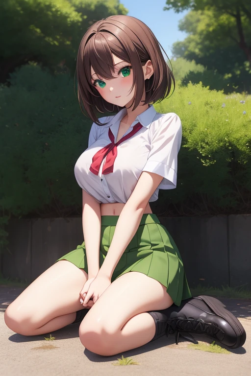 creates a 22-year-old anime girl sitting on the ground with her arms and hands touching her knees wearing a short green skirt and a low-cut white blouse with wide hips and large breasts in a park landscape