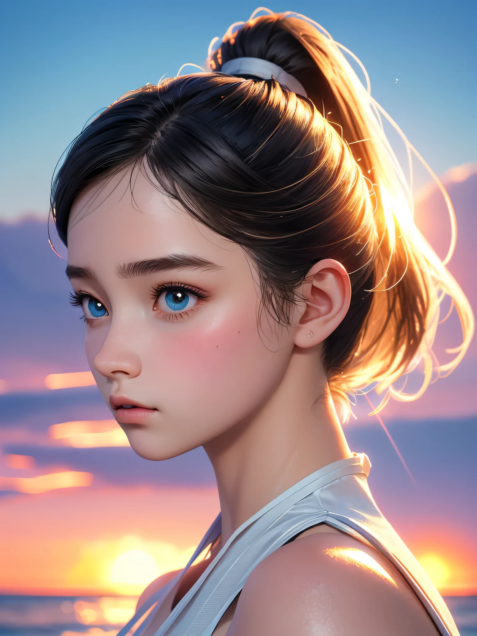 One Girl,(1人のとてもcute女の子:1.3),masterpiece,Highest quality,High resolution,From below,Low - Angle,Photorealistic,RAW Photos,Ray Tracing,beautiful girl,(:1.3),cute,Big eyes,(detailed pupils:1.2),(Face turned to the side:1.3),Body facing forward,Beautiful nose,High nose,Upturned nose,Fuller lips,Short black hair,ponytail,short hair,Detailed eyelashes,Thin eyebrows,Very fine grain definition,(profile:1.3),(Face close-up,Face Focus:1.0),Small breasts,Short neck,White swimsuit,White Bikini,The background is the sea,Southern Island,sunset,Sunset,Portrait,Look to the side,Upper Body,Cinema Lighting,High resolution,Very detailed