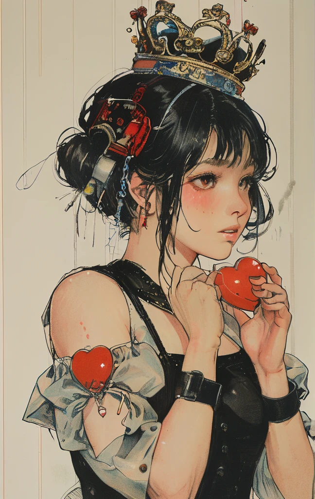 masterpiece, best quality, 1girl, gloves, solo, tongue, red background, black gloves, tongue out, long hair, elbow gloves, bangs, puffy sleeves, open mouth, grey hair, short sleeves, looking at viewer, hands on own face, upper body, blunt bangs, puffy short sleeves, colored tongue, heart, black dress, dress, hands on own cheeks, red eyes, facial mark, crown, simple background, tattoo, string, teeth, halftone