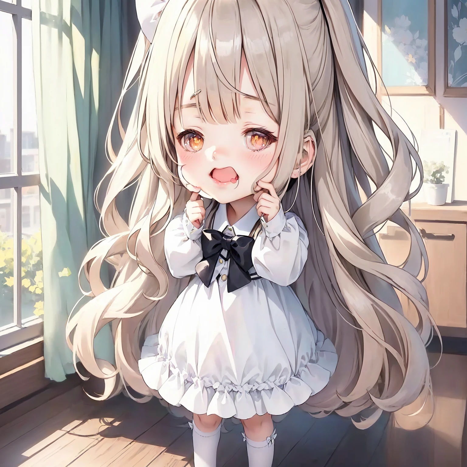 Anime girl with long hair and a bow tie standing in front of the window, , Lolita in a skirt, Cute girl anime visual, Ink art anime loli, little girl, Cute anime girl, Cute anime girl in a beautiful skirt, Cute anime catwoman, Cute kawaii girl, White-haired girl