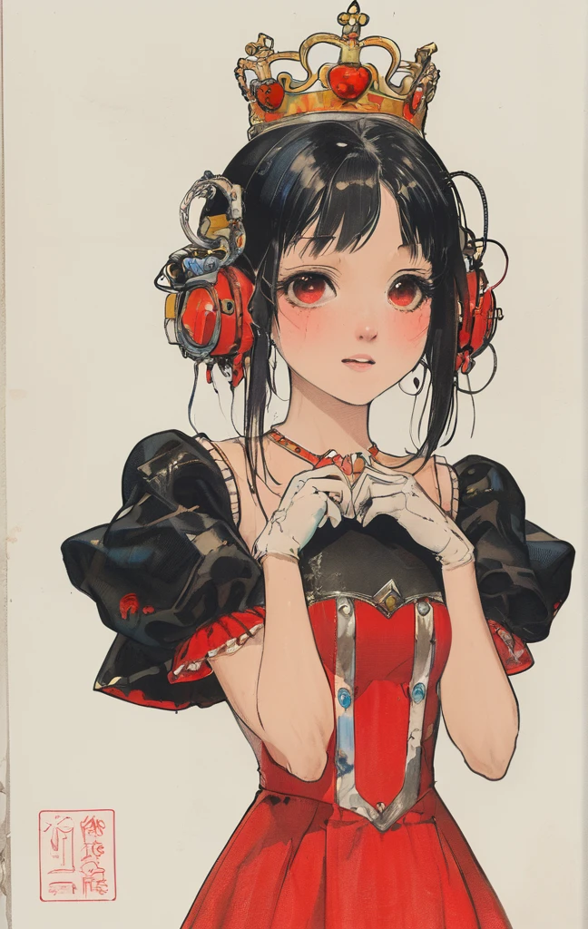masterpiece, best quality, 1girl, gloves, solo, tongue, red background, black gloves, tongue out, long hair, elbow gloves, bangs, puffy sleeves, open mouth, grey hair, short sleeves, looking at viewer, hands on own face, upper body, blunt bangs, puffy short sleeves, colored tongue, heart, black dress, dress, hands on own cheeks, red eyes, facial mark, crown, simple background, tattoo, string, teeth, halftone