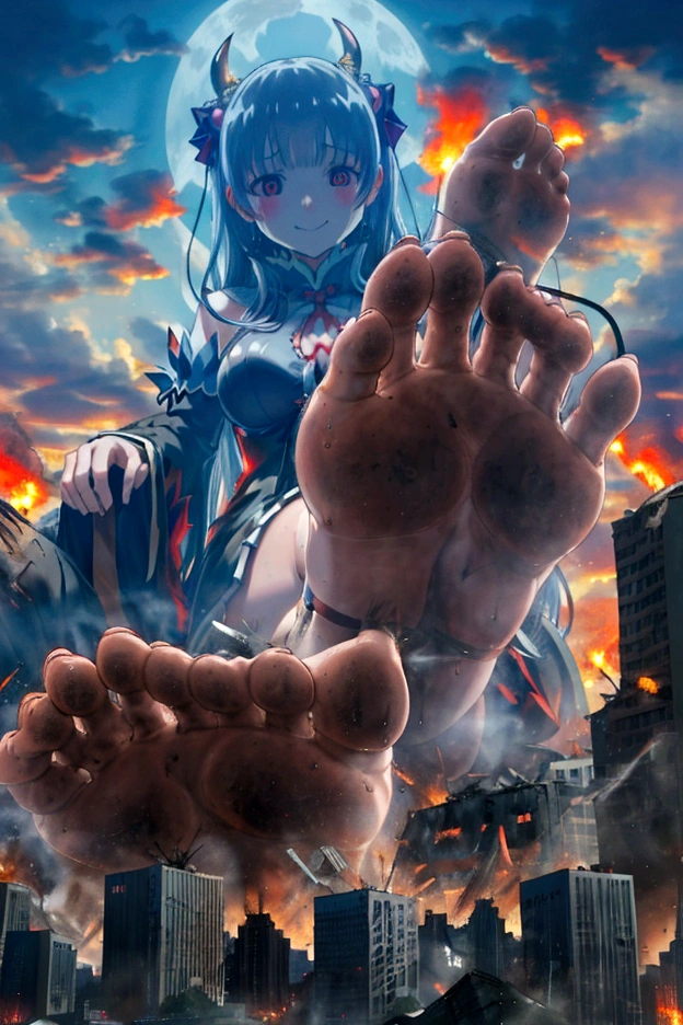 giant feet smash the city、two legs、put feet in the air、better feet,dirty feet,sole、human feet,five toes,attack of titaness、full body、high quality、great picture、Lol、bad face、Rem、Re:Zero、hell girl、huge demolition、giant demon、giant devil girl、scary powerful giant girl、huge impact、destroyed city and giantess、small buildings、city destroyed by giantess、small buildings on the ground、hardly destroyed buildings、cracking buildings、devil costume、row angle、Sitting Giant Girl、Make women bigger、Anime Style、Real Anime、Anime characters、scary smile、creepy face、白いSigh、Heat、Excited woman、scary smile、Sweat、Sweatが流れる、Sigh、Dark atmosphere、dark sky、Destroyed urban area、rubble、Anatomically correct、Accurate body、many people in panic