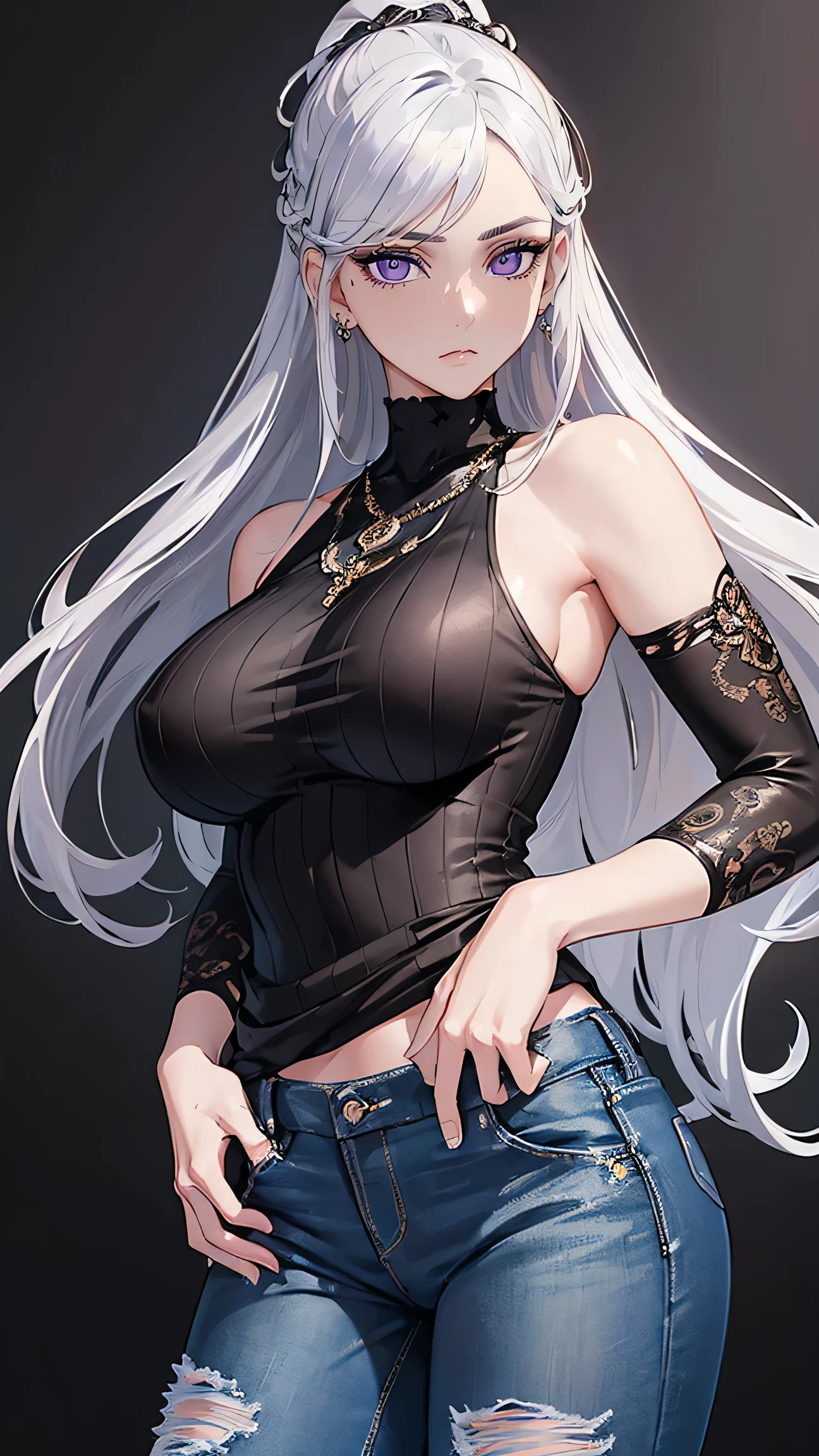 (Ultra-high resolution, masterpiece, Textured skin, Super detailed, Attention to detail, high quality, 最high quality), Detailed face, 1 Female, Mature beautiful woman, (Beautiful breasts), (Silver hair tied up, Long Hair), (Short black top, Jeans pants), Are standing