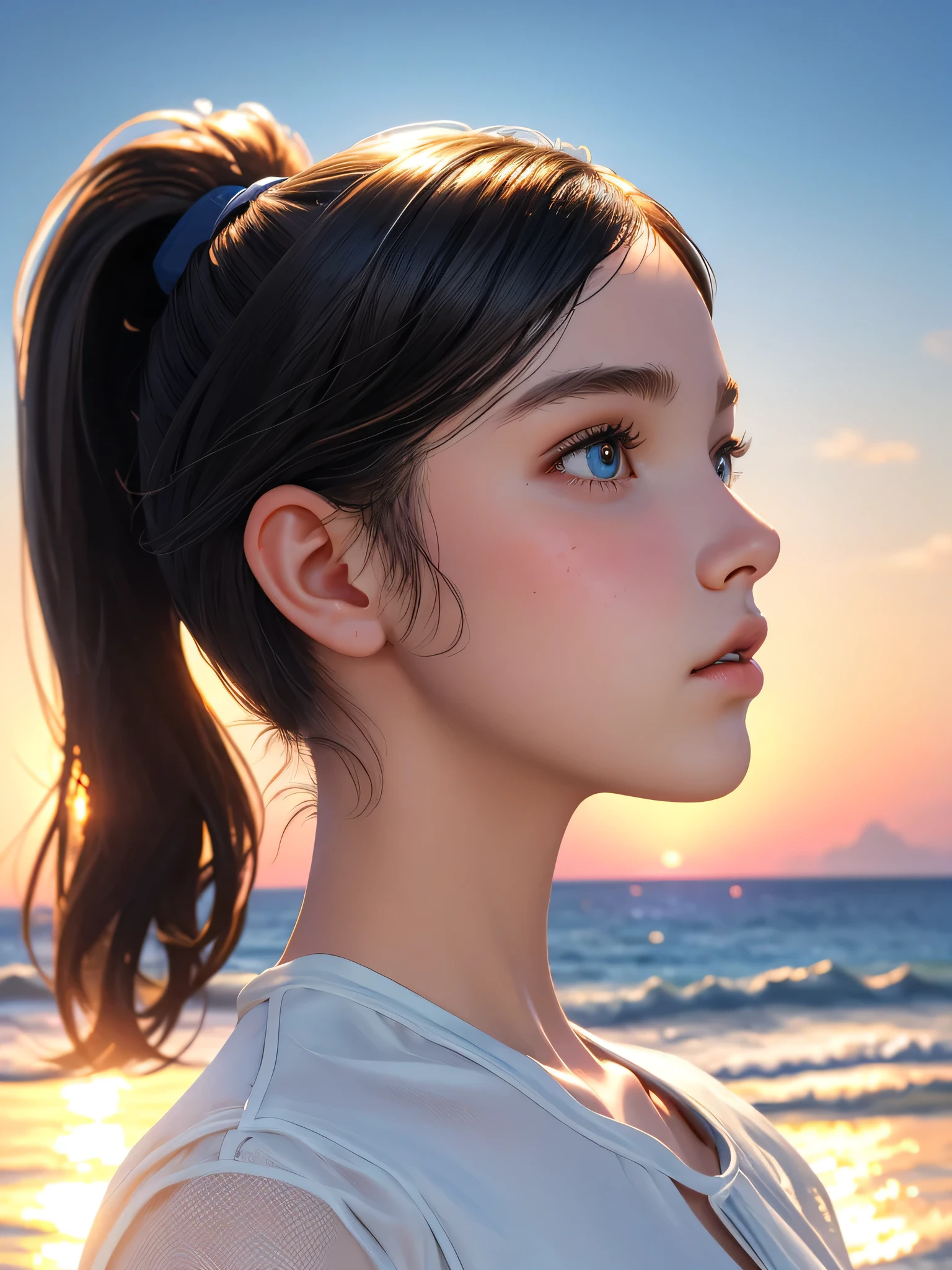 One Girl,(1人のとてもcute女の子:1.3),masterpiece,Highest quality,High resolution,From below,Low - Angle,Photorealistic,RAW Photos,Ray Tracing,beautiful girl,(15 years old:1.3),cute,Big eyes,(detailed pupils:1.2),(Face turned to the side:1.3),Body facing forward,Beautiful nose,High nose,Upturned nose,Fuller lips,Short black hair,ponytail,short hair,Detailed eyelashes,Thin eyebrows,Very fine grain definition,(profile:1.3),(Face close-up,Face Focus:1.0),Small breasts,Short neck,White swimsuit,White Bikini,The background is the sea,Southern Island,sunset,Sunset,Portrait,Look to the side,Upper Body,Cinema Lighting,High resolution,Very detailed