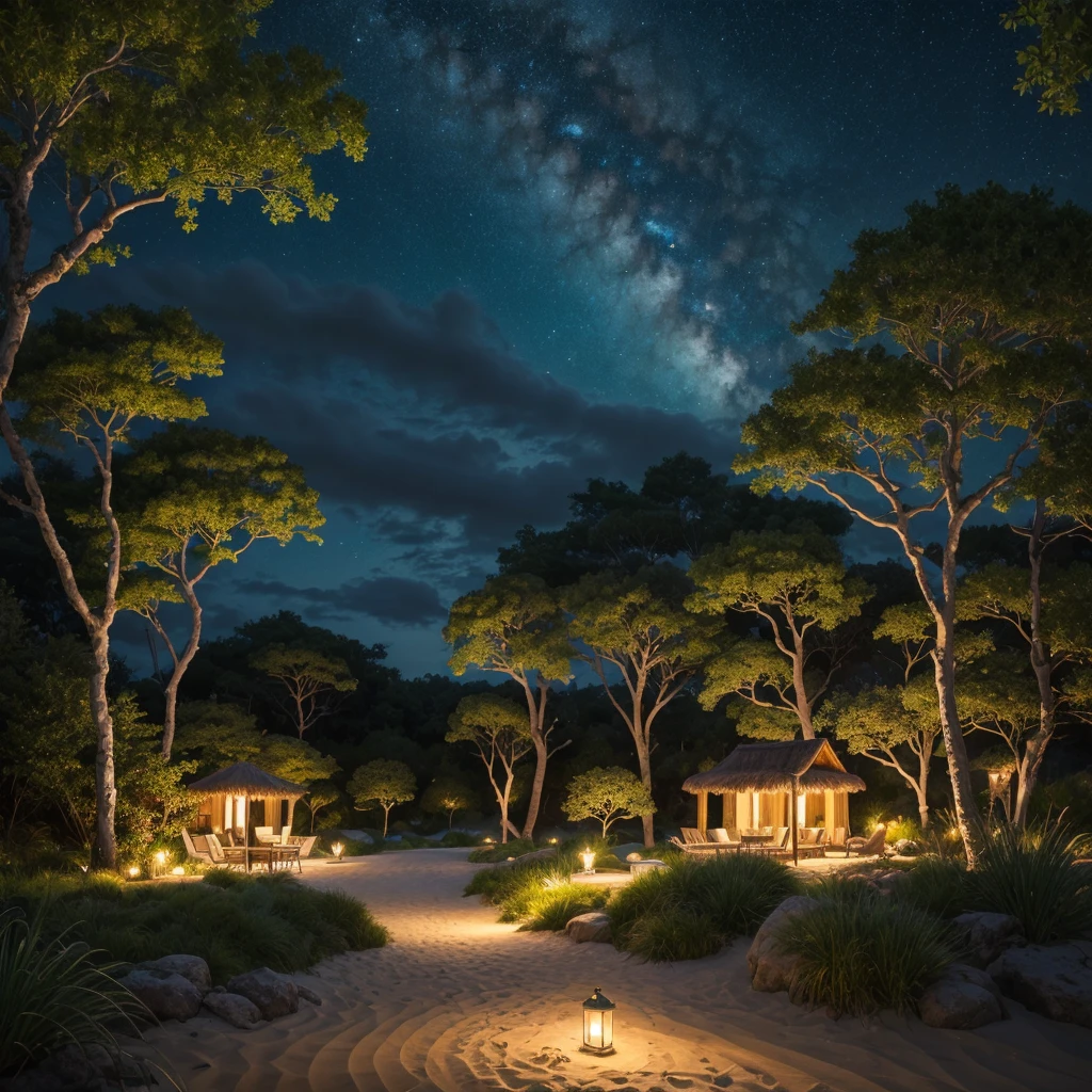 A stunning illustration of an Island oasis under the moonlight, rendered in lavish digital painting, depicting a tranquil utopia bathed in an ethereal, soft blue glow, with delicate silver glitter dispersed across the lush, emerald-green foliage and powdery white sandy shores, exuding a sense of serene luxury, evoking the dreamlike quality of a cinematic fantasy, with vibrant accents of turquoise and amber, set against a backdrop of dark, starry skies, infused with an air of mystique and romance, in ultra-high resolution, best quality.