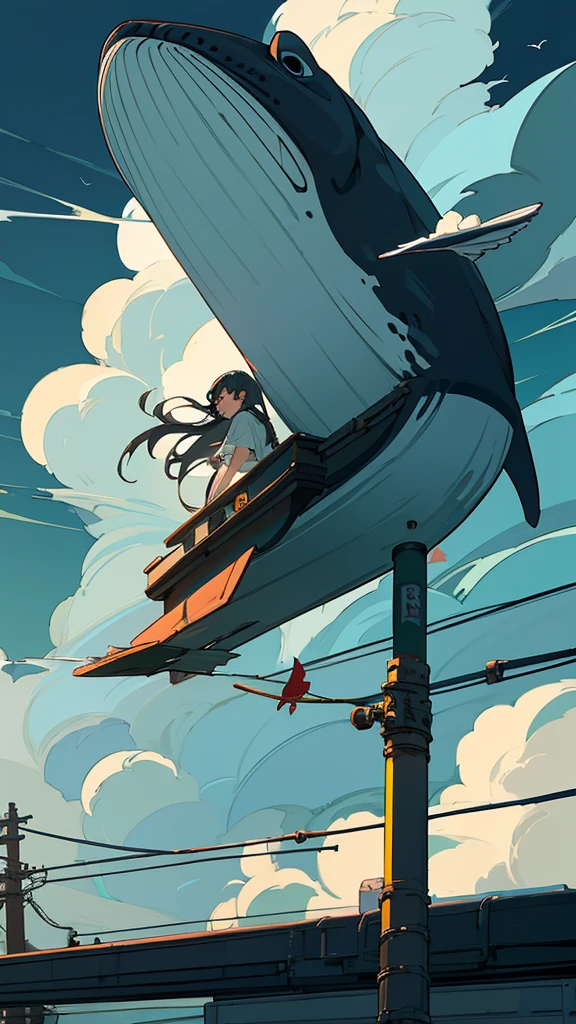 masterpiece, Exquisite detail,Highest quality,handrail, cloud,Power lines,View your viewers, Electric pole, bangs, cloudy zero, fish, bird, Green Eyes, Shorts, animal, Day, Black Shirt, barefoot,train,Railroad crossing,whale,long hair,zoom up