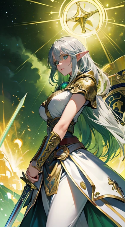 female elf royal paladin, fairy crest, breast exposed, golden and silver color armor with fairy icon and steel battle armor skirt, short design hand silver glove, golden color cape, golden belt, huge magic circle behind, pauldron in fairy style, silver color bracelet, ((right hand holding silver color huge board sword and left hand holding silver color huge shield 1:1.3)), multicolor golden and green color hair, empress aura, glowing green color pupil, masterpieces, solo, extreme pupil detail, fantasy mythic art, movie lighting, original character, heavy make up, holy glowing and windy effect, figure body shape, church background, standing still