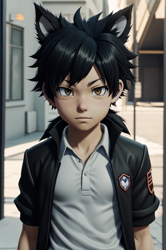 Screenshot of My hero academia Chico,black fur, high, Tired eyes, chara skin, uniform, wolf ears,