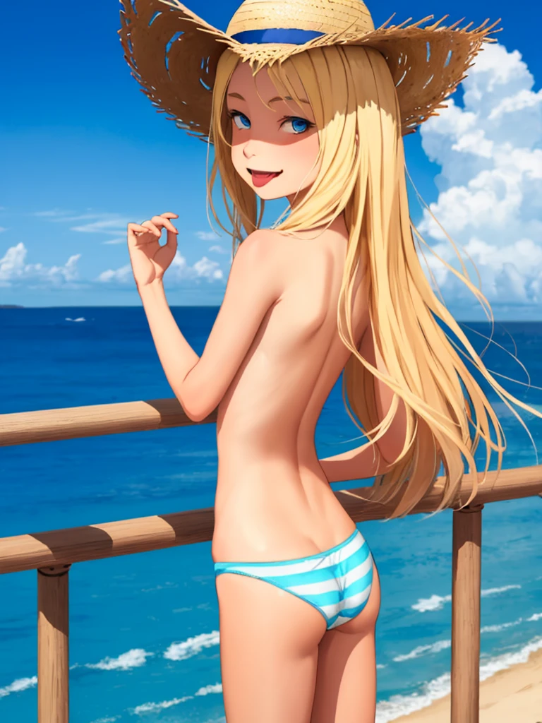 (Superflat, Flat Shading, Flat Color:1.1), (Seaside), One girl, a bit, s old, slim, Flat Chest, (Sunburned skin:0.6), Long blonde hair, blue eyes, (striped panties), topless, Straw hat, From behind, end, Lean forward, Bend Back, look back, smile, Wind, blue sky, Bright sunlight, Best Shadow, watercolor,