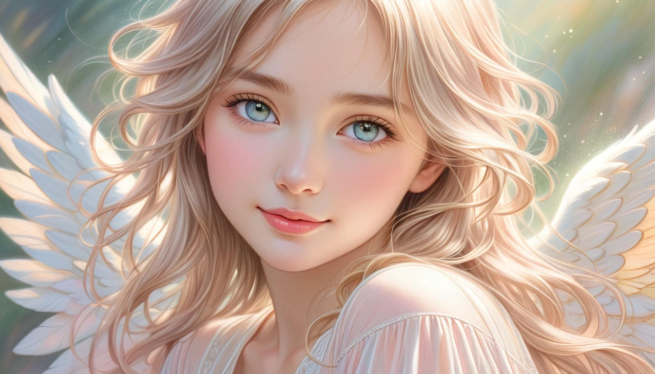 title: "Ethereal Whispers: Gentle smile" Art Style: Colored pencil drawing - texture: soft and ethereal, A color palette with a focus on subtle shading: Pastel tones with light gold accents, Light pink and light gold express transparency and gentleness: - The name of the piece: Waist shot portrait of an angel with a gentle expression with eyes closed, Front View - Features: Delicately defined, Emphasizing the transparency and purity of your subject's skin - Expression: Subtleties, Gentle smile, Communicating Inner Peace and Contentment - Eyes: softly closed or gazing downwards, Enhances a sense of introspection and calm - Hair: Light and airy, Fine hairs highlighted by sunlight, Increased transparency - background: Blurred, Dreamy Background - Elements: Reminiscent of a serene natural landscape, Soft focus garden and watercolor sky - lighting: soft, Diffuse light illuminating the subject's face, Emphasise transparency and purity of expression: Peaceful and introspective, 静かな喜びとloveと幻想的な美しさの瞬間を捉える,Highest quality,Top quality exquisite and realistic angel wings,soft光を放つ大きな翼,1 Female,Cute angel,Smiling Angel,Angel wearing a long-sleeved white blouse,Lolita,Long sleeve blouse,Angel wearing western clothes,Close up of hands,A soft magical light emanates from your hands,Reiki,Emit healing energy from your hands,magical energy,Smiling angel with eyes closed,pray天使,meditation,pray,Bright landscape,A gentle gaze,love,mercy,にっこりとSmiling Angel,rainbow,Top quality masterpiece, Highest quality and official artistic standards, A beautiful and visually stunning angel,This piece is very ingenious, rich in color, Exquisitely crafted down to the last detail, Vibrant, Vibrant, A unique visual experience. Optical blending technology brings playful patterns、Add depth to your artwork, Enhances overall texture and color richness, Beautiful angel,Focus on the hands,Focus on the magic light,noon,Midsummer,Bright sunshine,albino,Blonde Hair