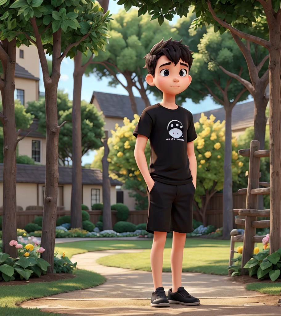 A adult boy black T-shirt his stand to A garden