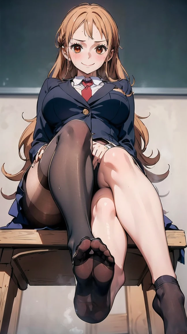 ((masterpiece)), ((Highest quality)), ((Very detailed)), One girl, Long Hair, classroom, Feet Focus, Sit on a chair, Big Breasts, plump, blazer, skirt, pantyhose, panties under pantyhose, Wicked Smile, Looking at the audience, From below, (Turn the soles of your feet to the viewer:1.3), Steaming body, Sweat, (Sweaty feet:1.2), Lift your legs