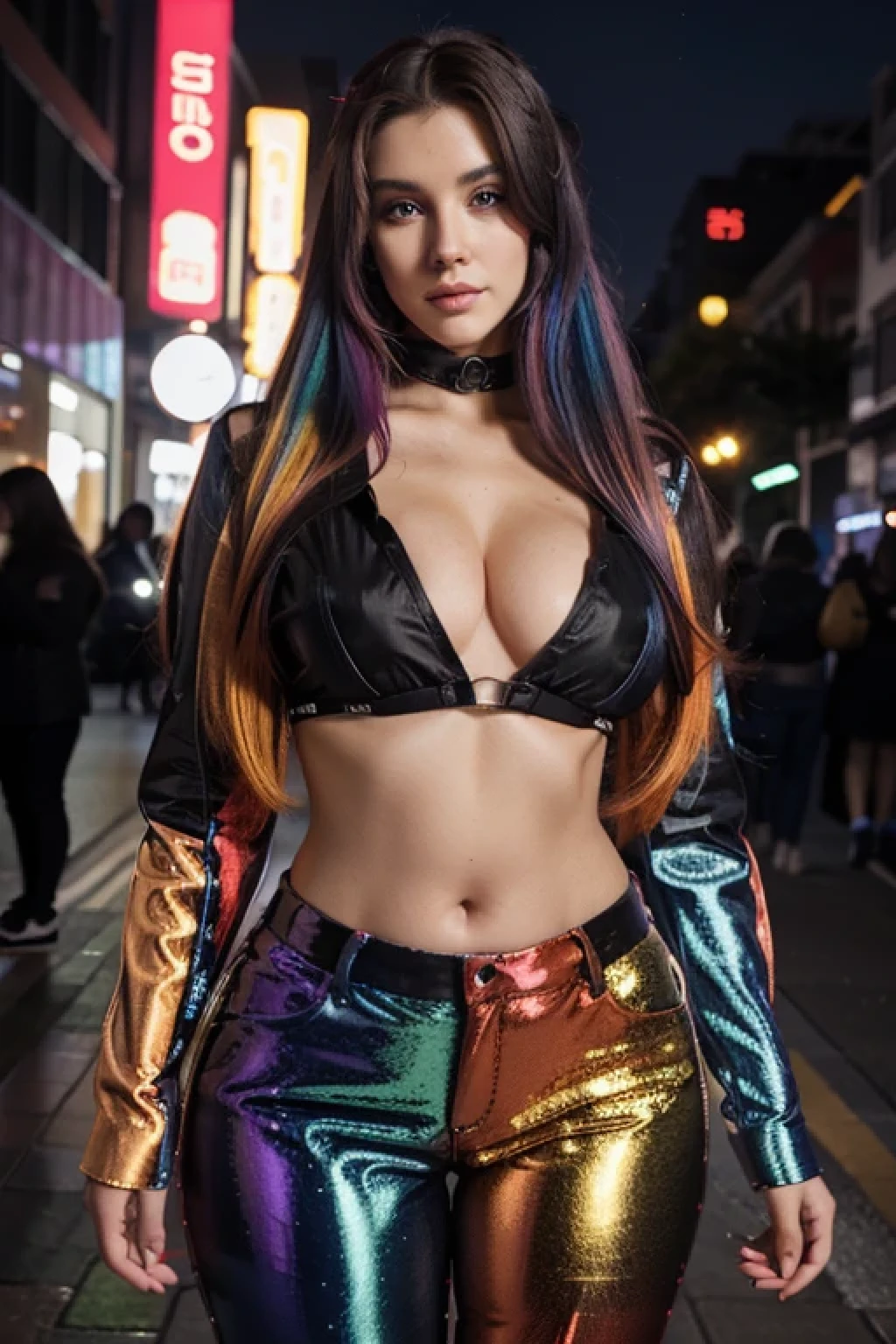 Gorgeous girl wearing multicolored led lit long shirt and led lit trousers, multi colored hair, very long hair, curvy body, posing to a camera, detailed eyes, detailed face, detailed hands, seductive smile