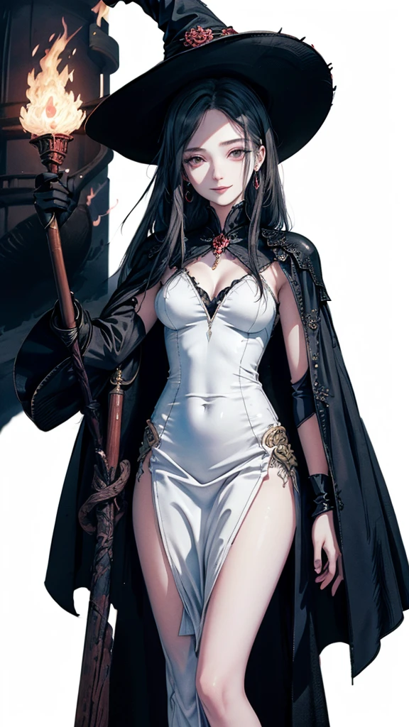 (Masterpiece, Top Quality), Details, ((Character Concept Art)), (1 woman, evil woman, female, long black dress, holding wizard's wand, witch hat, witch dress cloth, many parts), (pale skin color), (detailed eyes), detailed face, ((evil smile, sexy, sensual )), athlete body, black hair color, long hair, long style, ((cast fire magic, mage of fire)), details, anime babe, wallpaper, game illustration, Animagine XL Babe, fan art, animation, (simple background, white background: 1. 3)