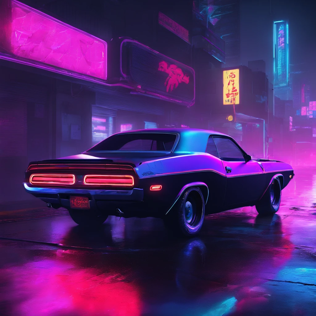 1968 Dodge Challenger car driving under rainy night.

neon color palette; negro, purple, red, rosa, white and cherry.