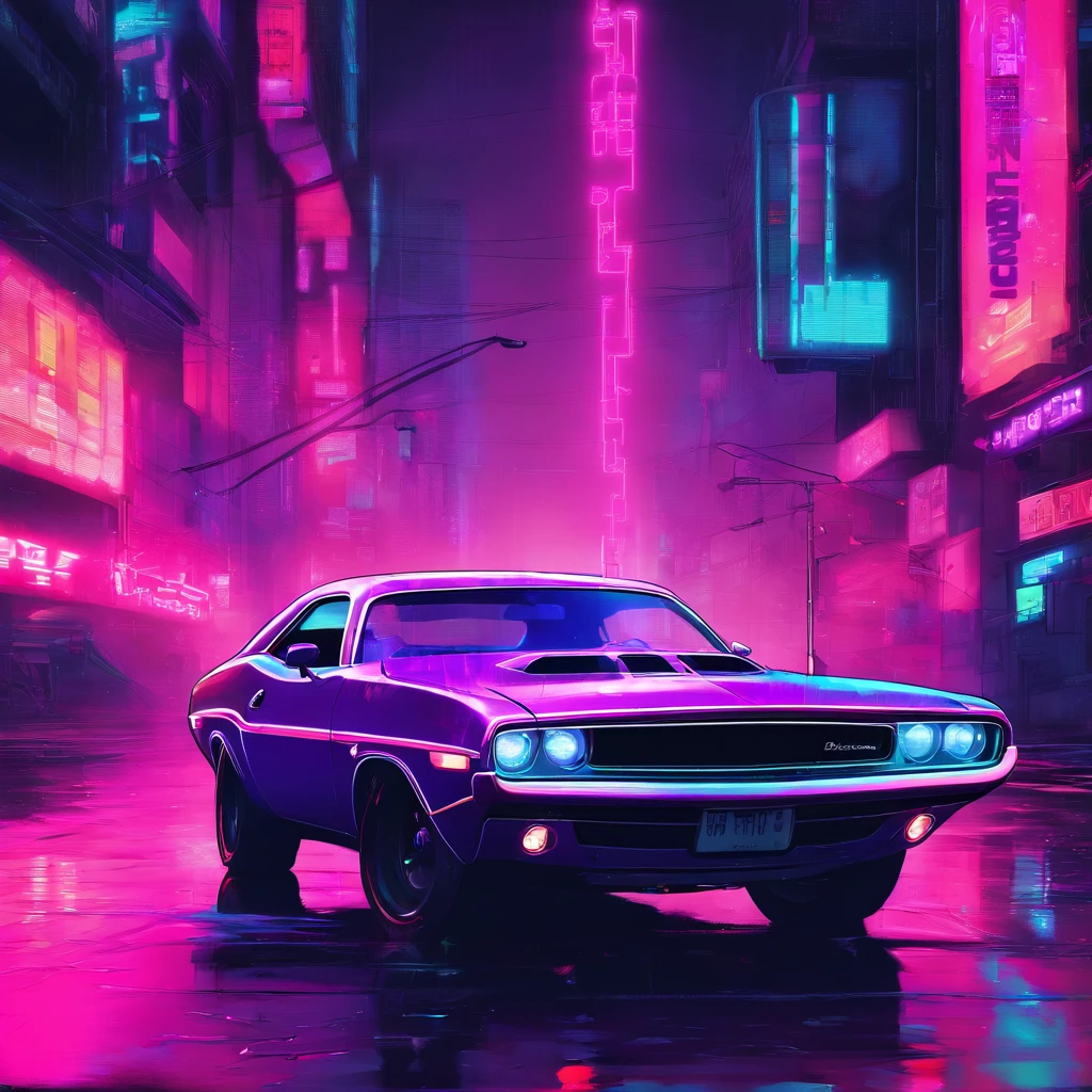 1968 Dodge Challenger car driving under rainy night.
neon color palette; negro, purple, red, rosa, white and cherry.