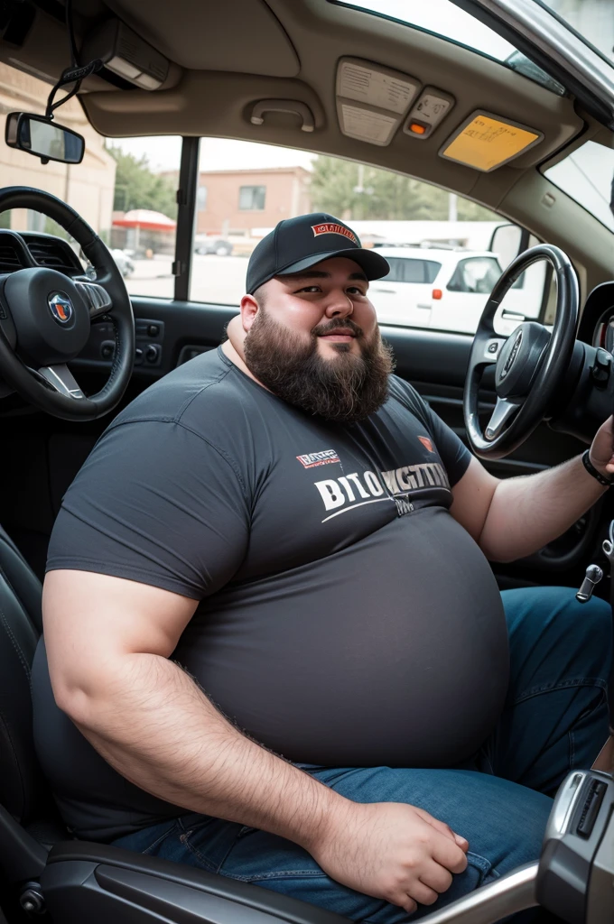 Fat man with a beard, driving a big retro excavator after a burger