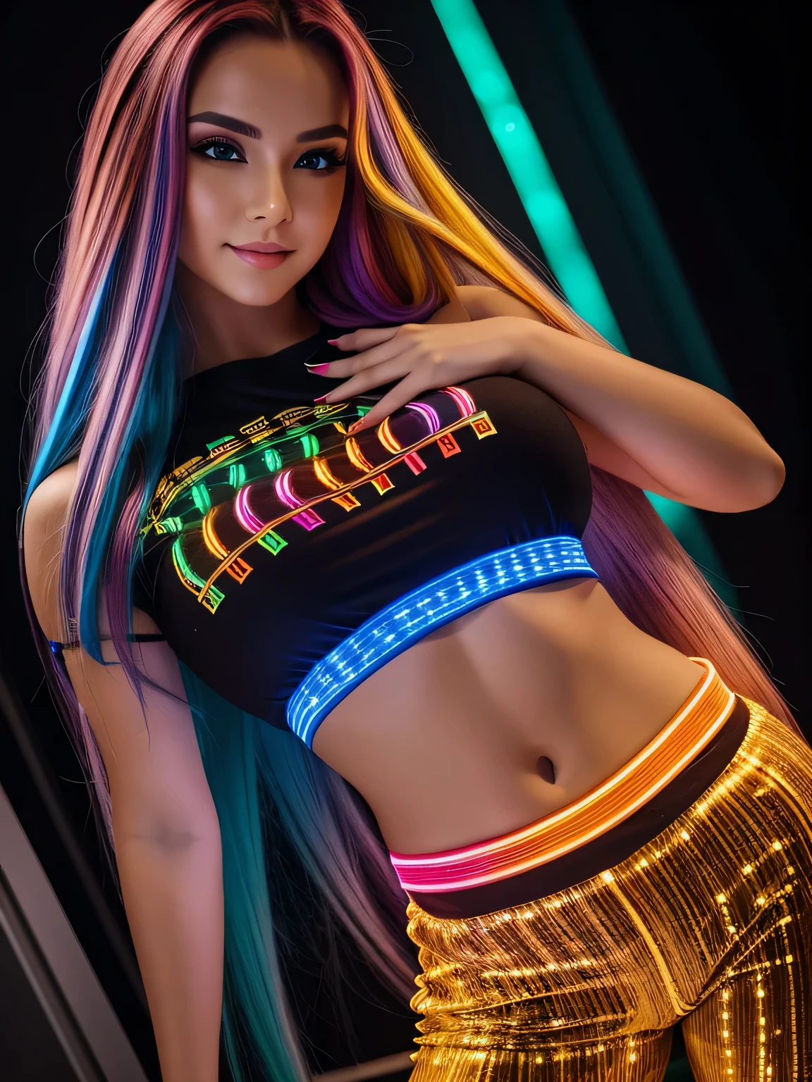 (ultra realistic,32k, masterpiece:1.2),(high detailed skin:1.1),( high quality:1.1),
<lora:WinxClubDarcy:0.8>Darcy,despair,(mascara, long lashes:1.1),yellow eyes, brown hair, blonde strips, very long hair, CasualOutfit, croptop, pants, sunglasses, choker, boots, holographic art studio, holographic sculpture, interactive light installations,  painting, blurry background,,fighting stance, (huge breast,large breast:1.1),<lora:add_detail:0.88>,
(iridescence:1.1),