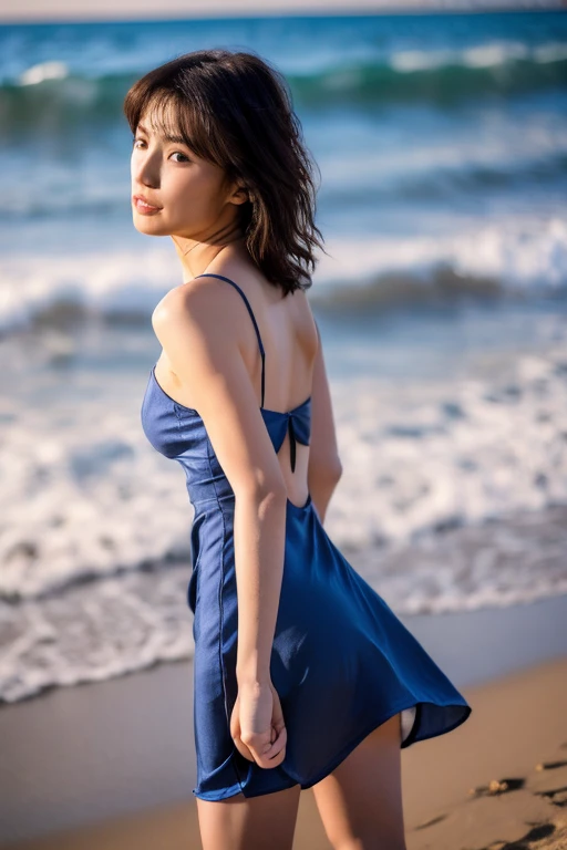 masterpiece, Highest quality, High resolution, Realistic, RAW Photos, 8k wallpaper, perfection, Professional Lighting, Outdoor, Very detailed, Written boundary depth,Beach、SansetBeach、sunset, ((One beautiful woman, Japanese Mature)), (48 years old)), Sexy Woman, Detailed face, Back view、(Walking along the beach:1.2)、footprints、Bob Hair, Faint lips,(finger touching lips:1.5)、 ((look back、Staring at the audience、Serious face eyes。)), Blue clothes, Shoulderless Dress、whole body、Beautiful legs、スリットからのBeautiful legs、(The dress flutters in the wind:1.5)。(Hair blowing in the wind:1.2)、barefoot、Walking along the beach女性, Unsplash your photos, annabeth chase, Wearing a nightgown, She will reach heaven, Bohemian, Looking Backwards, Shooting from behind
