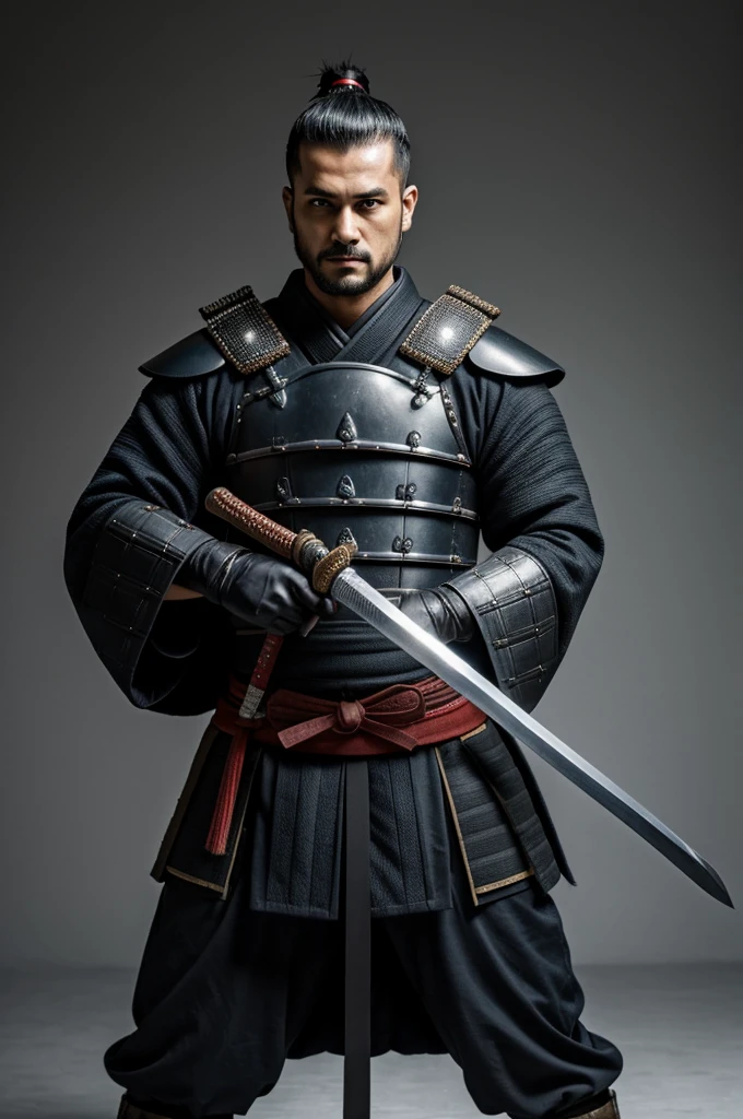 Samurai with dougi vioketa and petiso in full body guard pose with his hands holding his sword and his face showing loyalty 