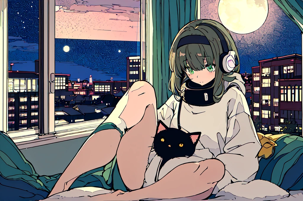 A detailed anime girl, wearing a large sweater, wearing headband headphones, lofi, tranquil, quiet vibes, chilling, in her bedroom looking at the window, night, quiet night, cat, masterpiece, best quality