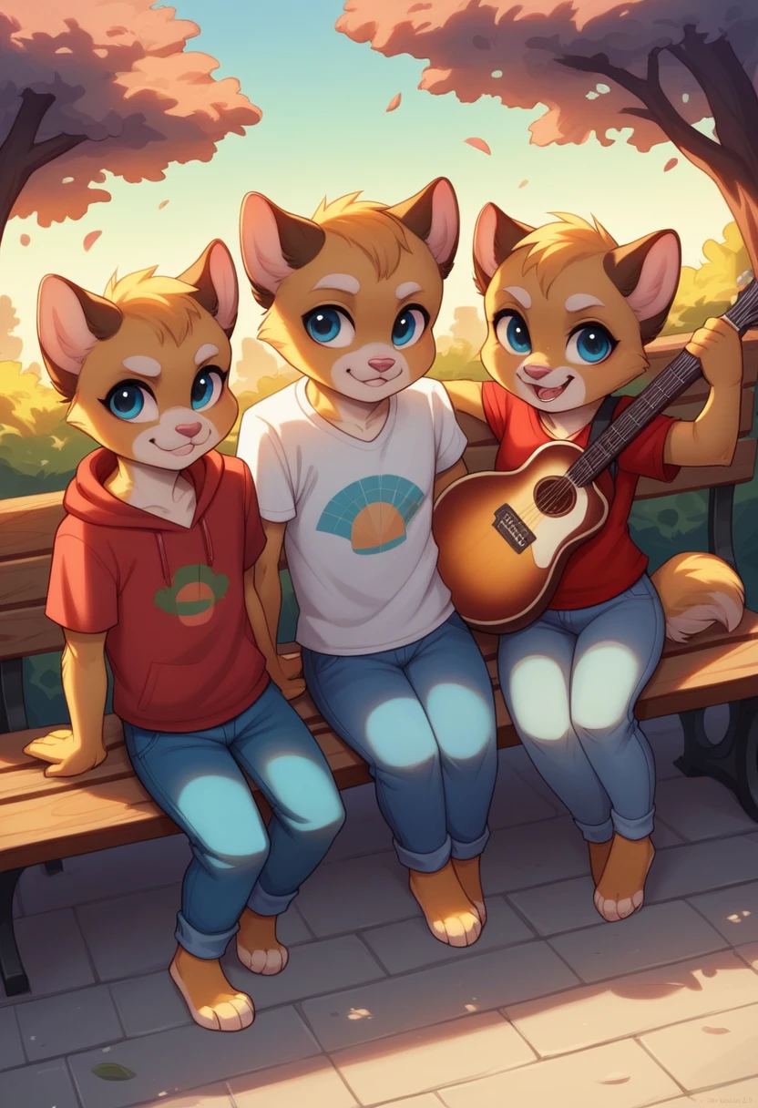 6girls, wolf and fox and tanuki and jackal and coyote and dog, furry, bodyfur, tail, collar, topless, jeans, long pants, glove, boots, chibi, sparkling eyes, park