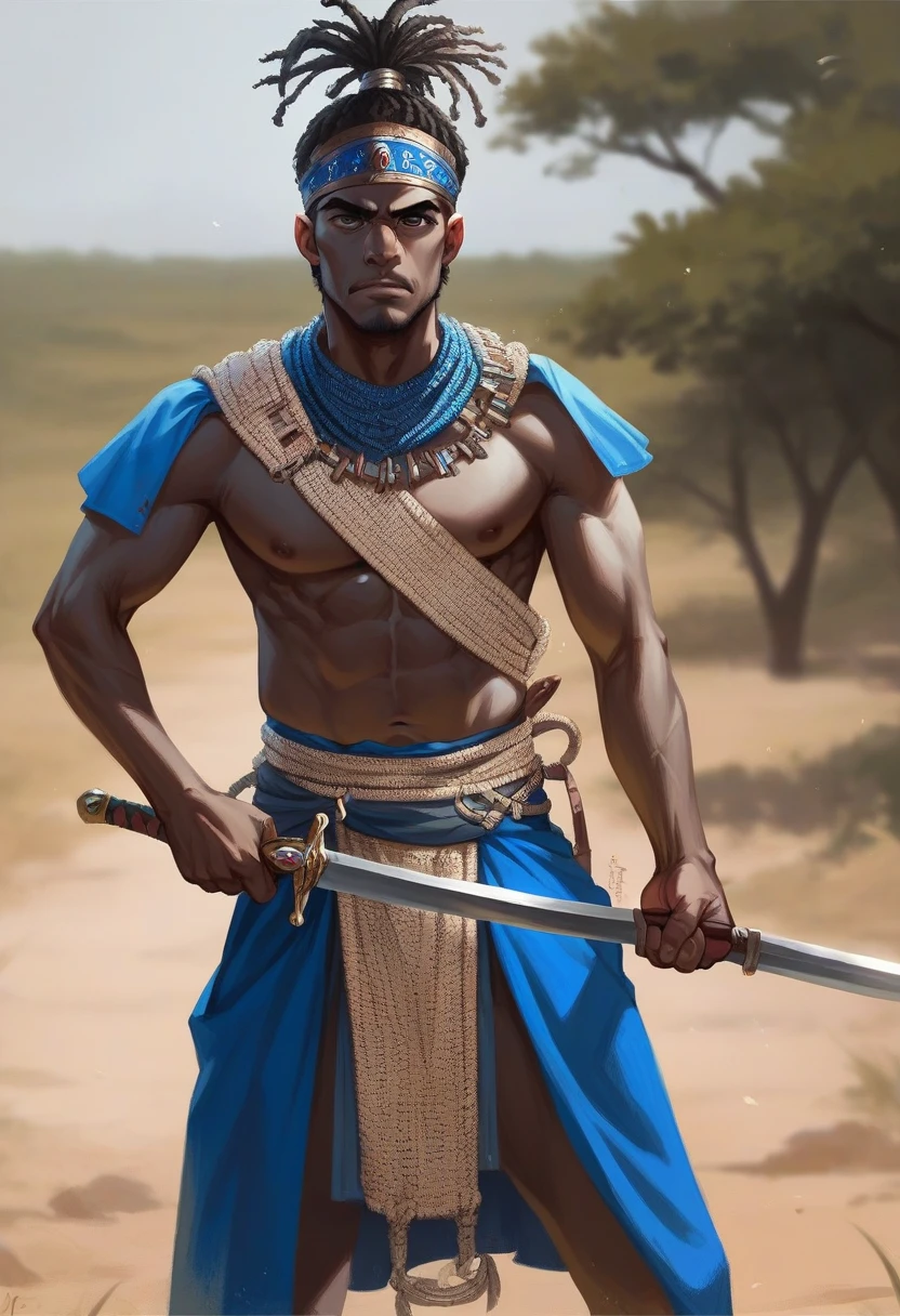 African warrior man, dressed like a warrior, your clothes are blue, he puts up a sword and is very serious 