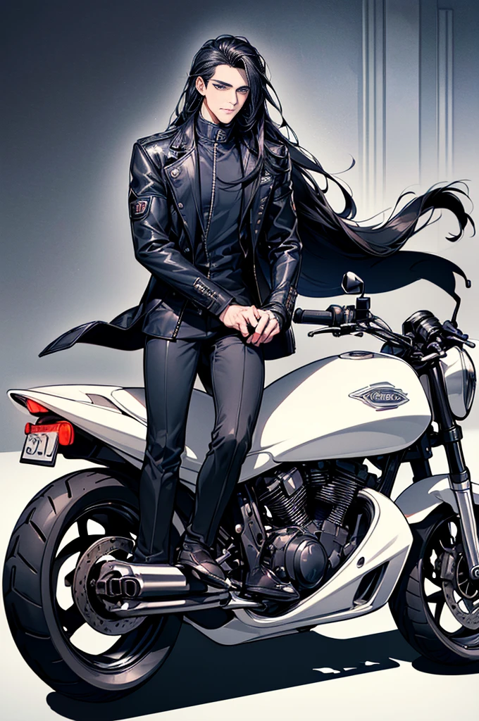 ((8k, high quality, work of art, Handsome man, young, stoic look, no smile, white skin, no beard, blue eyes, long black hair, flowing hair, black motorcycle jacket, carrying a motorcycle helmet, biker, detailed eyes,sitting on a motorbike