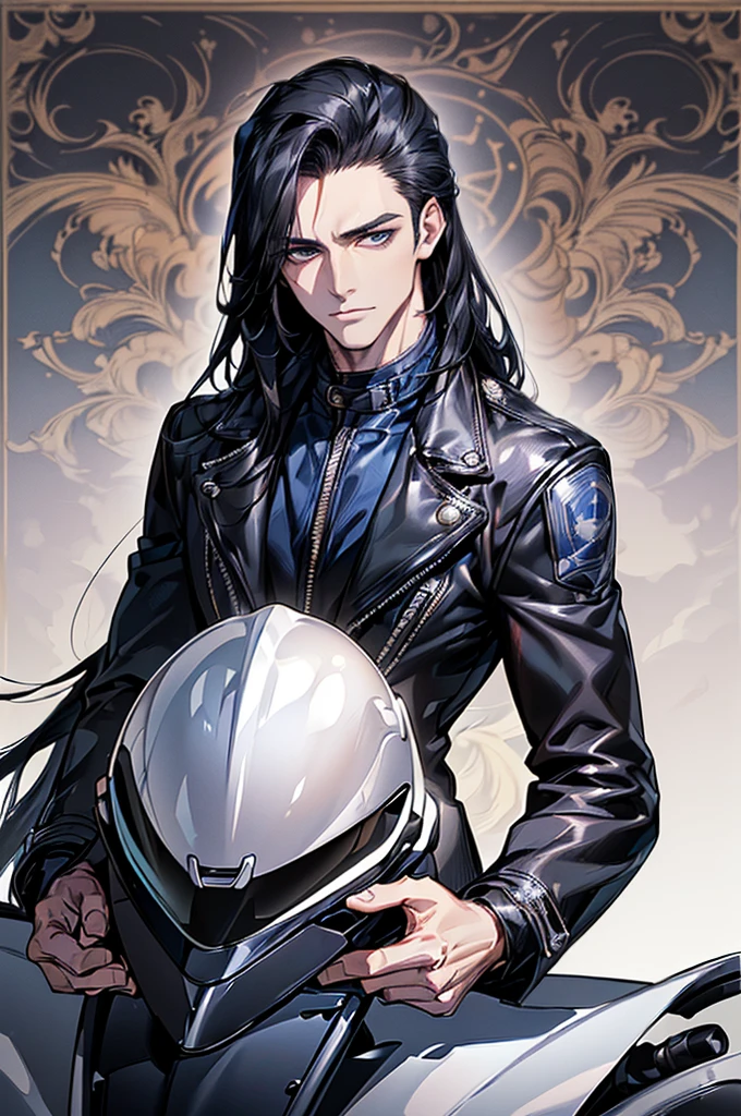 ((8k, high quality, work of art, Handsome man, young, stoic look, no smile, white skin, no beard, blue eyes, long black hair, flowing hair, black motorcycle jacket, carrying a motorcycle helmet, biker, detailed eyes,sitting on a motorbike
