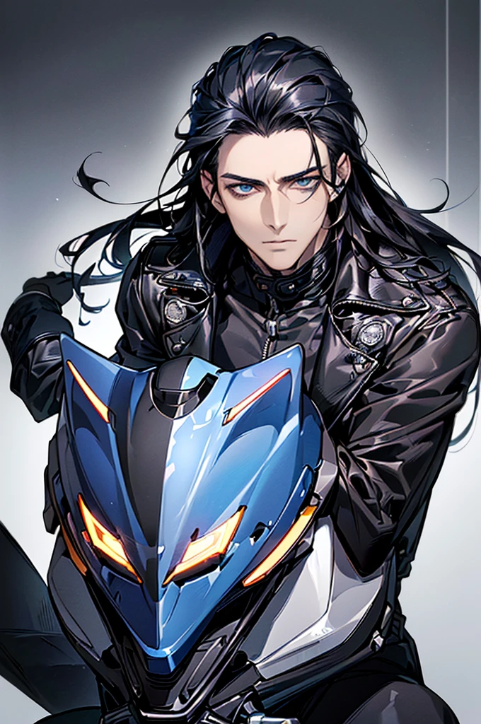 ((8k, high quality, work of art, Handsome man, young, stoic look, no smile, white skin, no beard, blue eyes, long black hair, flowing hair, black motorcycle jacket, carrying a motorcycle helmet, biker, detailed eyes,sitting on a motorbike