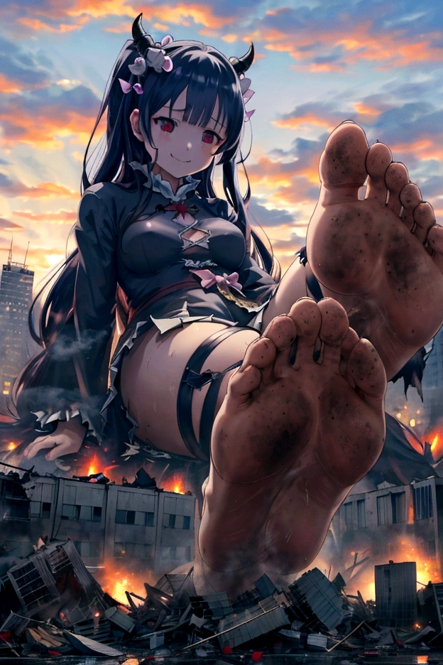 giant feet smash the city、two legs、put feet in the air、better feet,dirty feet,sole、human feet,five toes,attack of titaness、full body、high quality、great picture、Lol、bad face、Rem、Re:Zero、hell girl、huge demolition、giant demon、giant devil girl、scary powerful giant girl、huge impact、destroyed city and giantess、small buildings、city destroyed by giantess、small buildings on the ground、hardly destroyed buildings、cracking buildings、devil costume、row angle、Sitting Giant Girl、Make women bigger、Anime Style、Real Anime、Anime characters、scary smile、creepy face、白いSigh、Heat、Excited woman、scary smile、Sweat、Sweatが流れる、Sigh、Dark atmosphere、dark sky、Destroyed urban area、rubble、Anatomically correct、Accurate body、many people in panic